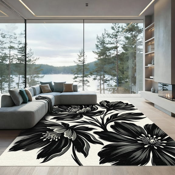 ODIKA 4' x 6' Machine Washable Non-Slip Area Rug, modern floral High Traffic Rug, Black, 1269067