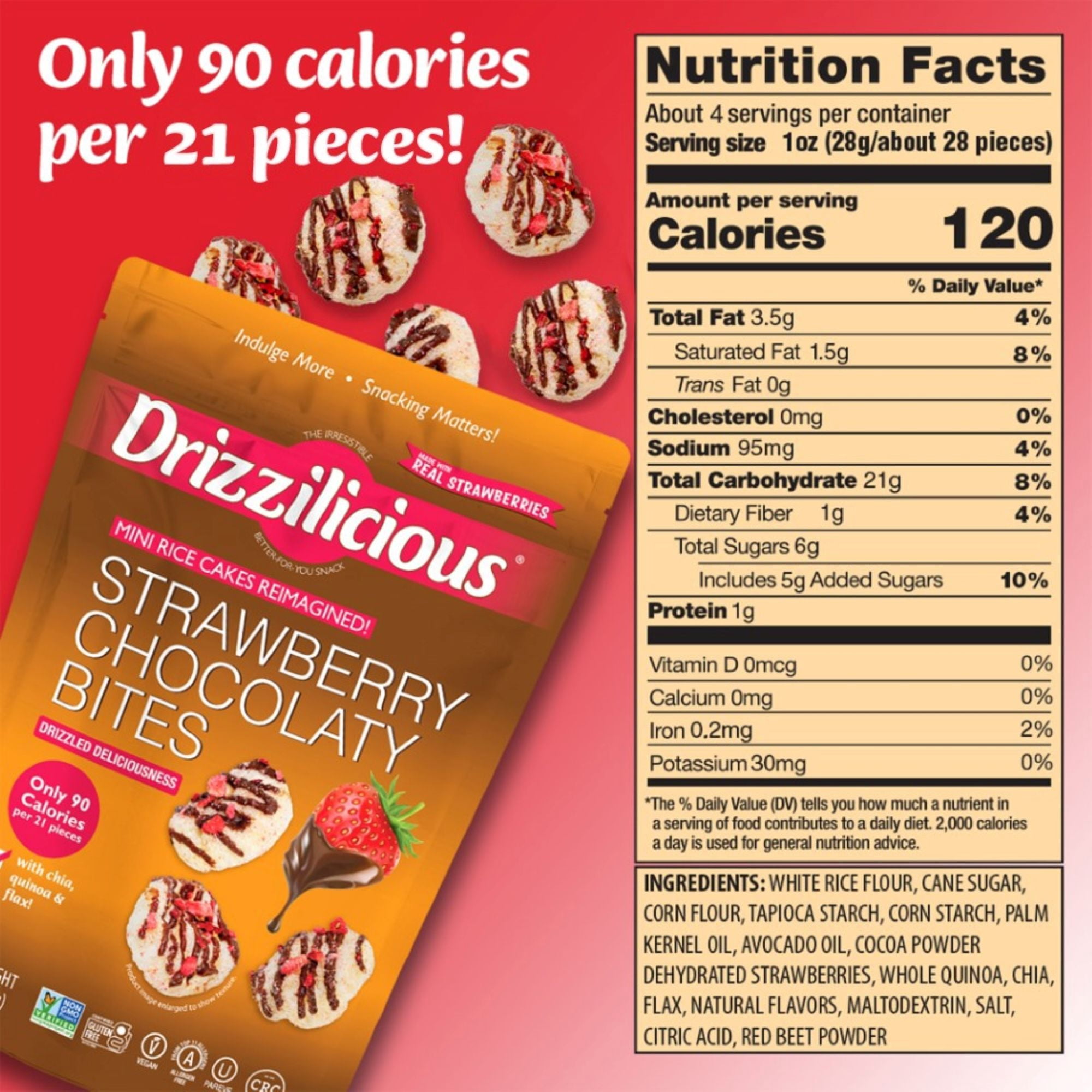 Drizzilicious Mini Rice Cakes, Strawberry Chocolaty Bites Gluten Free Snacks, Rice Crisps 4 oz