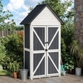 thumbnail image 3 of Aivituvin Outdoor Storage Cabinet, Wood & Metal Frame Garden Storage Shed with Waterproof Plastic Roof, Adjustable Shelves, Raised Base, Weather-Resistant Tool Shed for Backyard, Patio & Lawn, 67.5"H, 3 of 8