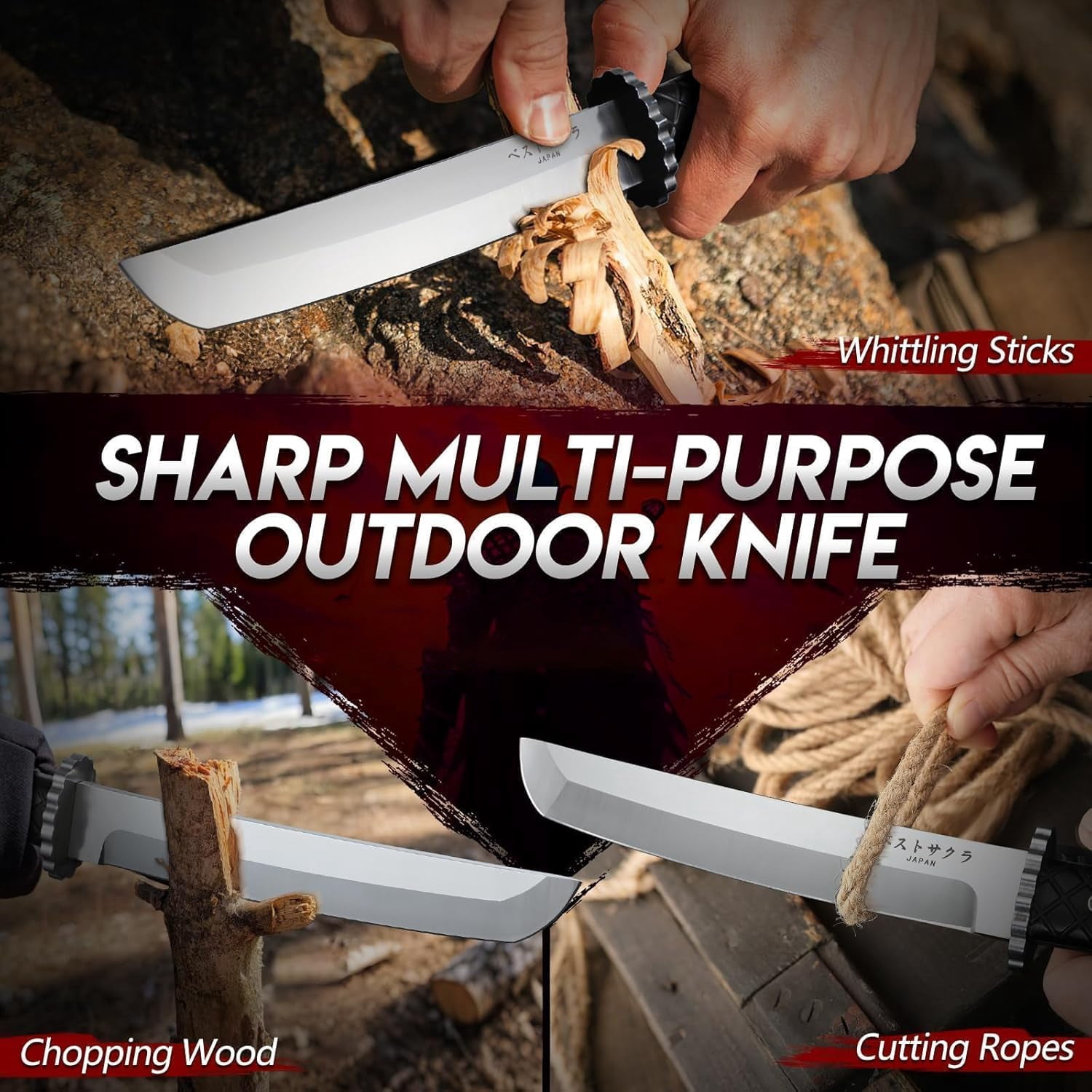 Huusk Fixed Blade Outdoor Knife with Sheath, Full Tang Tactical Knife with Wood Handle for Camping, Hiking, Fishing, BBQ and Outdoor Activities, Gift for Men