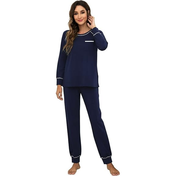 WiWi Bamboo Viscose Womens Pajamas Set Comfy Sleepwear 2 Piece Long SleeveTop with Jogger Pants Lounge Sets S-XXL Navy, XX-Large