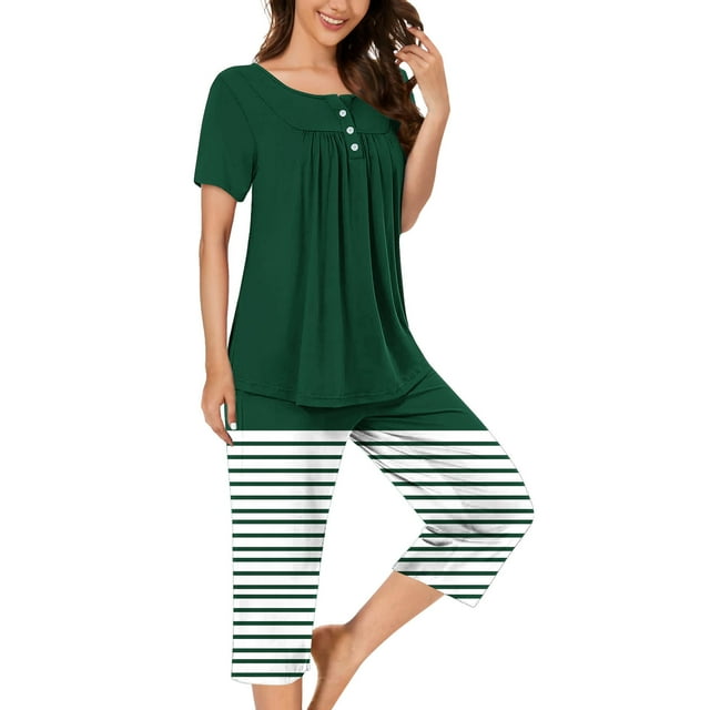 Ensembles de Pyjama pour Femmes 2 Pcs, Blouse Décontractée à Col Rond à Manches Courtes pour Femmes, Pantalon de Mode, Ensemble de Pyjama