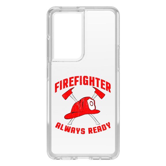 DistinctInk Clear Shockproof Hybrid Case for Galaxy S21 ULTRA 5G (6.8" Screen) - TPU Bumper Acrylic Back Tempered Glass Screen Protector - Firefighter - Always Ready