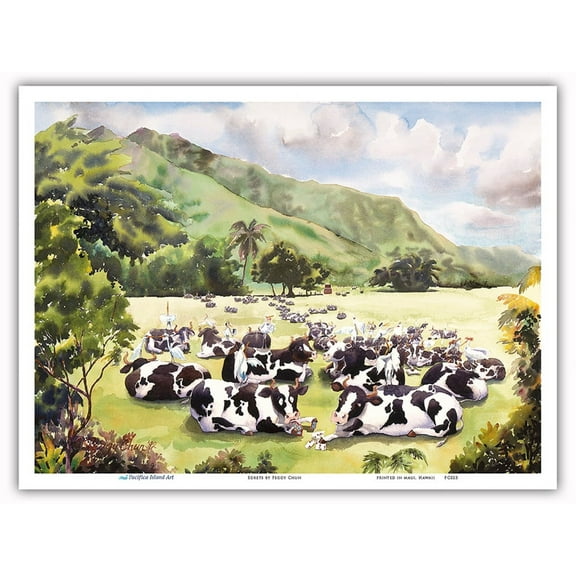 Egrets - On the Backs of Hawaiian Cows (Pipi) - From an Original Hawaii Watercolor Painting by Peggy Chun - Master Art Print (Unframed) 9in x 12in