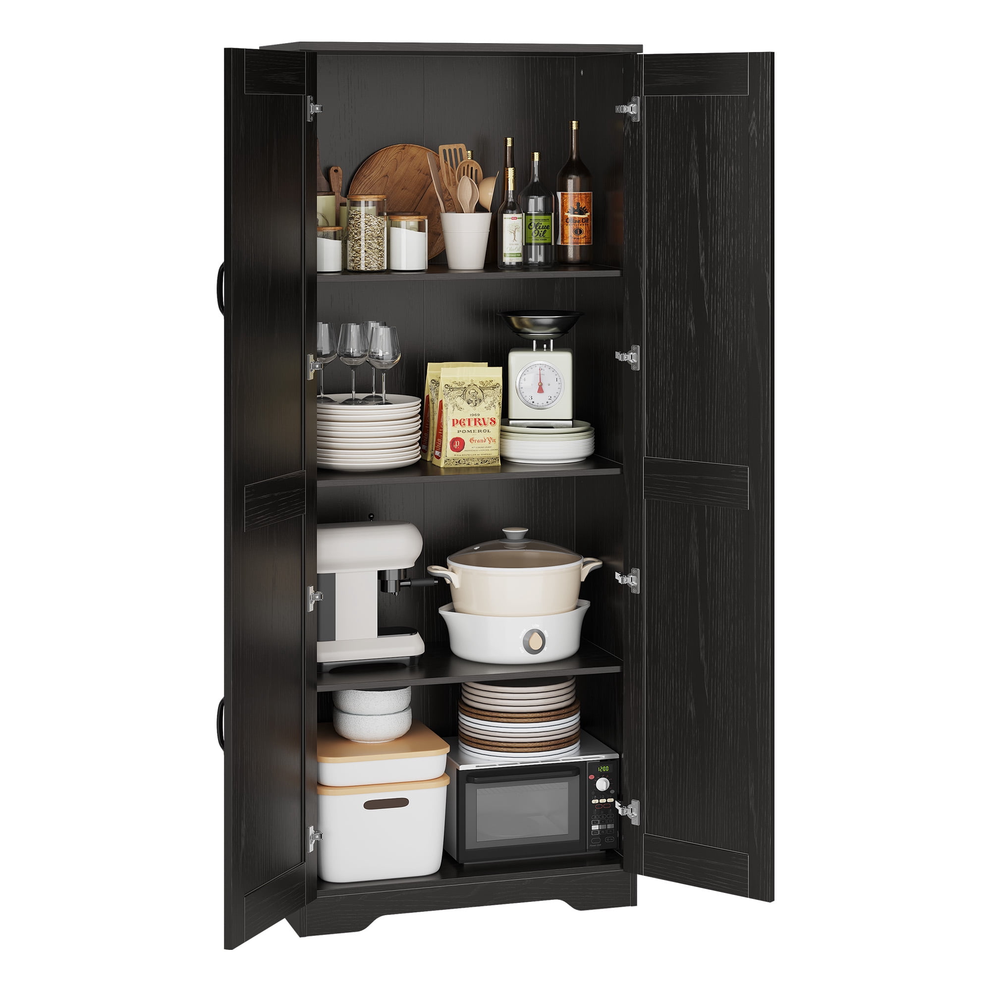 Tall Pantry Cabinet, 60" Kitchen Storage Cabinet with 2 Doors & Adjustable Shelves, Freestanding Wooden Cupboard for Bathroom，Dining Room, Living Room,Black