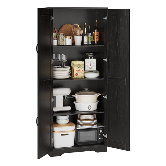 60" Tall Kitchen Storage Cabinet - with 2 Doors & Adjustable Shelves, Freestanding Cupboard Organizer for Dining Room, Bathroom, Living Room, Black/White