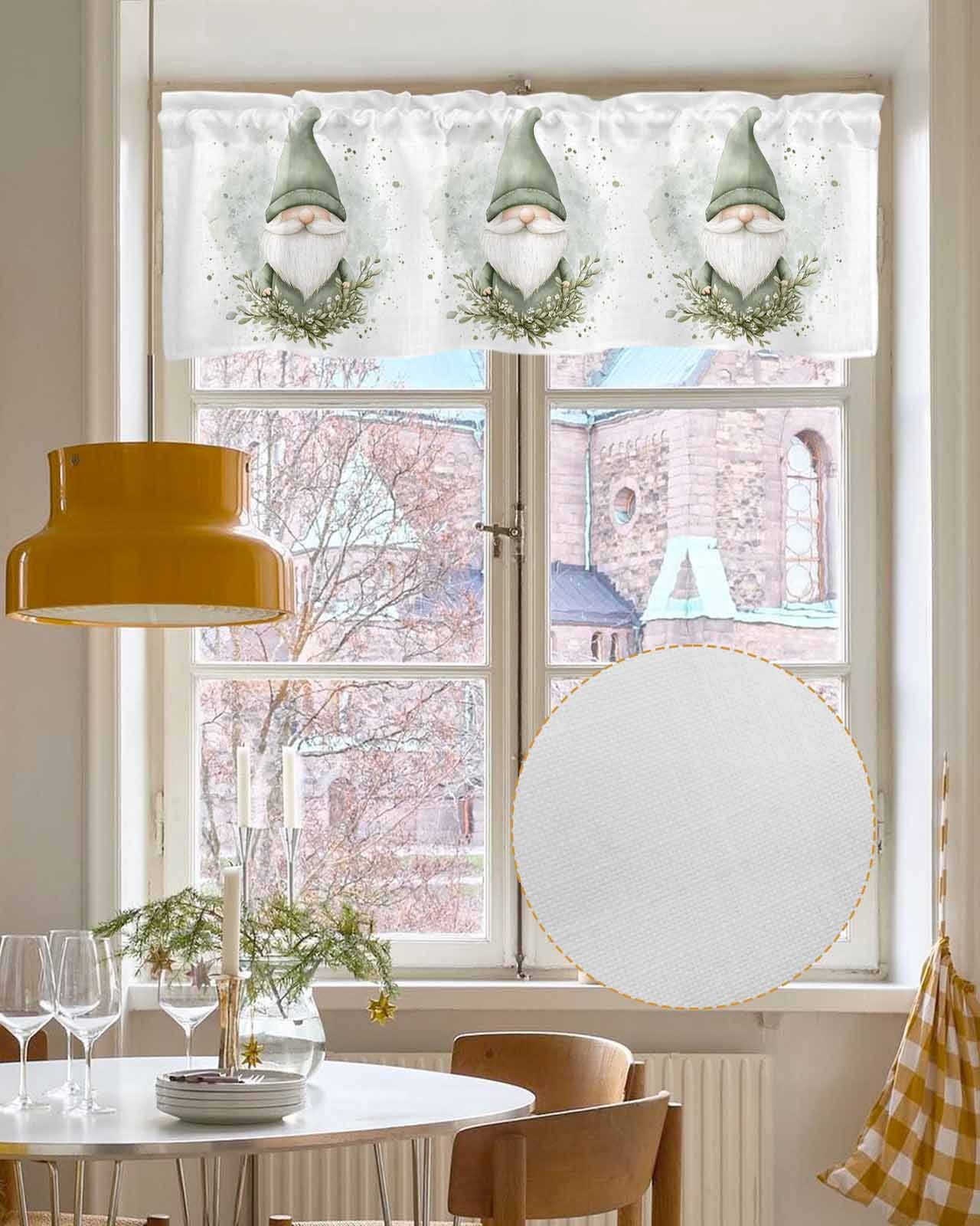 Spring Green Gnomes Kitchen Valances for Windows Farmhouse Linen Window Valance Curtain for Living Room Window Treatment Eucalyptus Botanical Valance Rod Pocket Topper Drape, 54 x 18 Inch