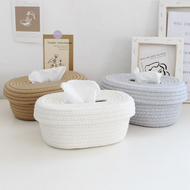 Lubelski Tissue Box Handmade Stitching Large Capacity Detachable Cotton Rope Waterproof Tissue Foldable Box For Office White