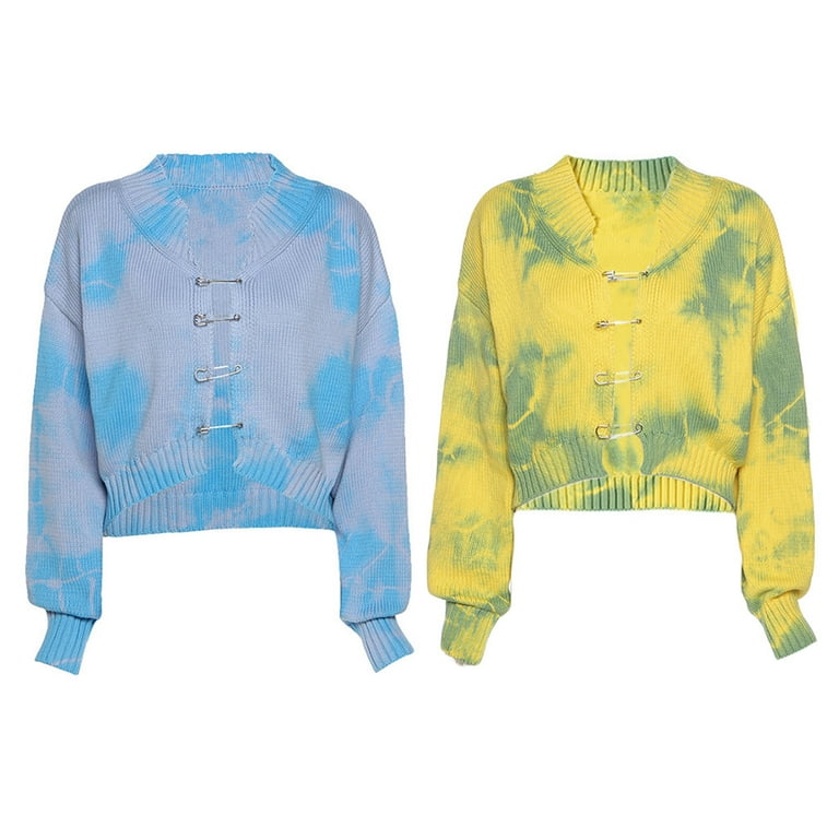Women Long Sleeve V-Neck Tie-Dye Sweater Coat Safety Pin Women Long Sleeve V-Neck Tie-Dye Sweater Coat Safety Pin