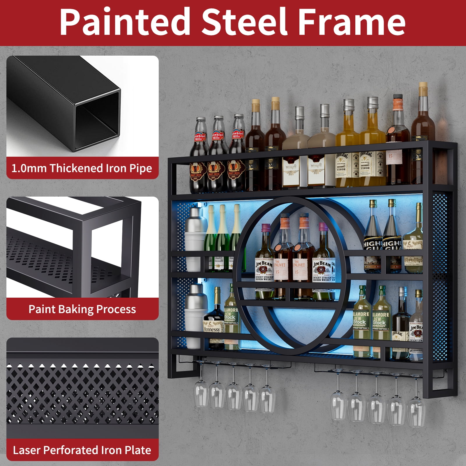 3-Tier Industrial Wine Rack Wall Mounted with LED Light, Floating Bar Shelves with Wine Glass Holder Hanging Liquor Shelf, Wall-Mounted Wine Racks Cabinets for Home Bar No Assembly Required 39 in