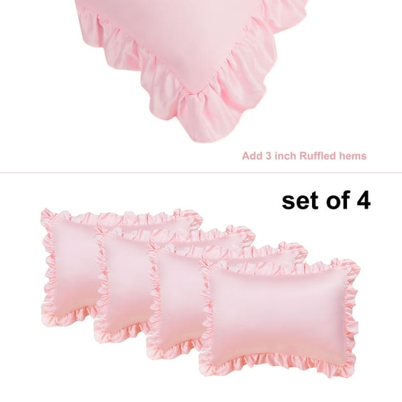 PiccoCasa Set of 4 Satin Pillowcase Pillow Shams Oxford Pillowcase With Ruffled Decor For Skin And Hair Queen Pink