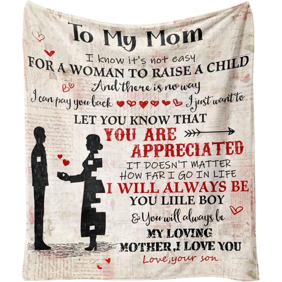 Blanket for Mom from Son, Mom Birthday, Flannel Fleece Soft Warm Cozy Love Letter Throw Mother Blanket 60” x 50”
