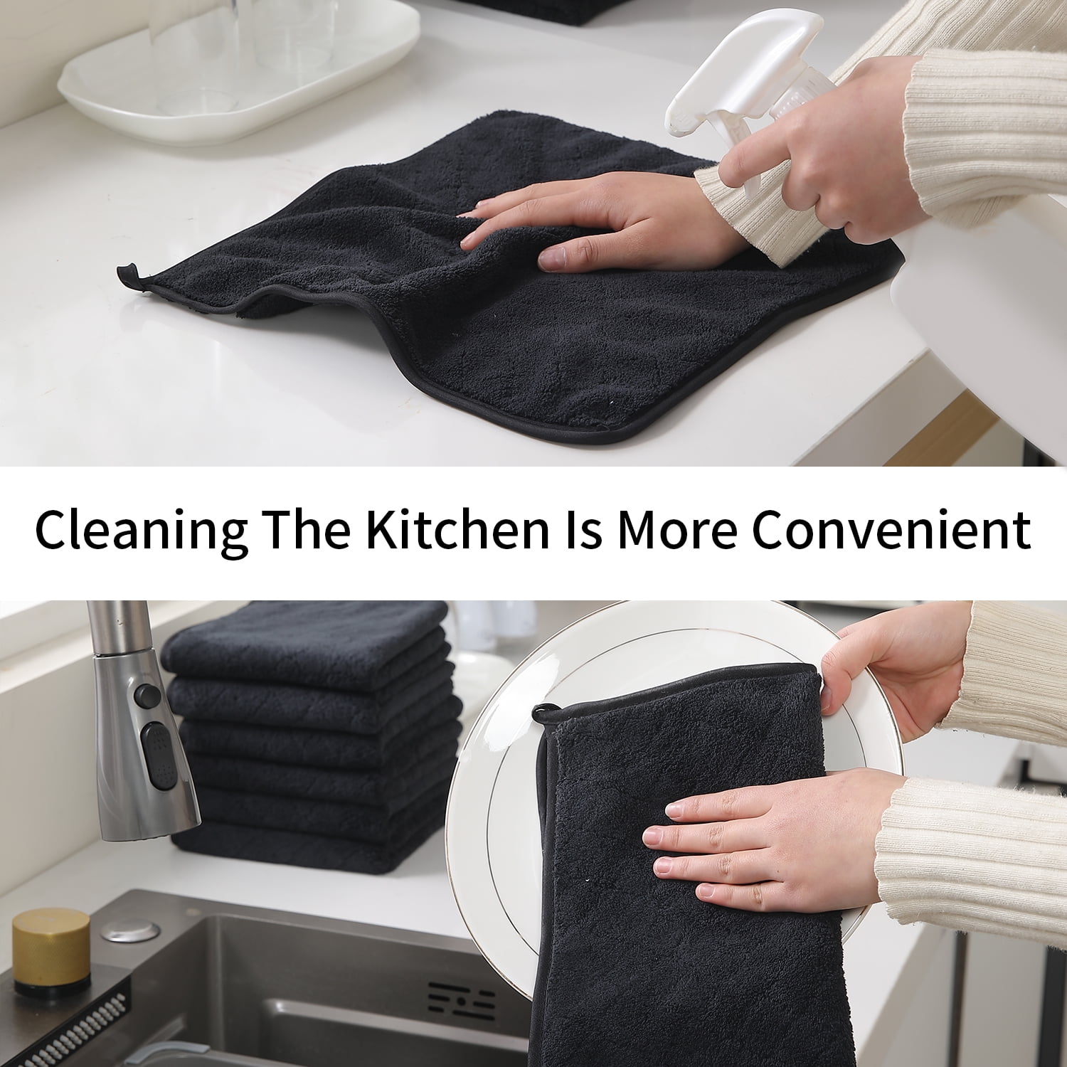 Beartech Microfiber Washcloths 12 Pack,13"x13" Quick Dry Ultra Soft and Highly Absorbent Washcloths for Bathroom,Kitchen Dish Towels -Black