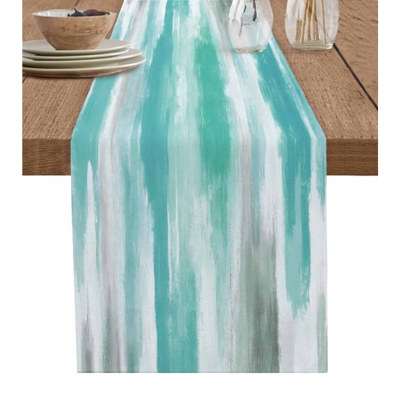 Turquoise Gray Table Runner 70 Inches, Farmhouse Abstract Gradient Aesthetic Bed Runner Dresser Scarves Tabletop for Indoor Outdoor Parties/Ceremony/Banquet, 13" x 70"