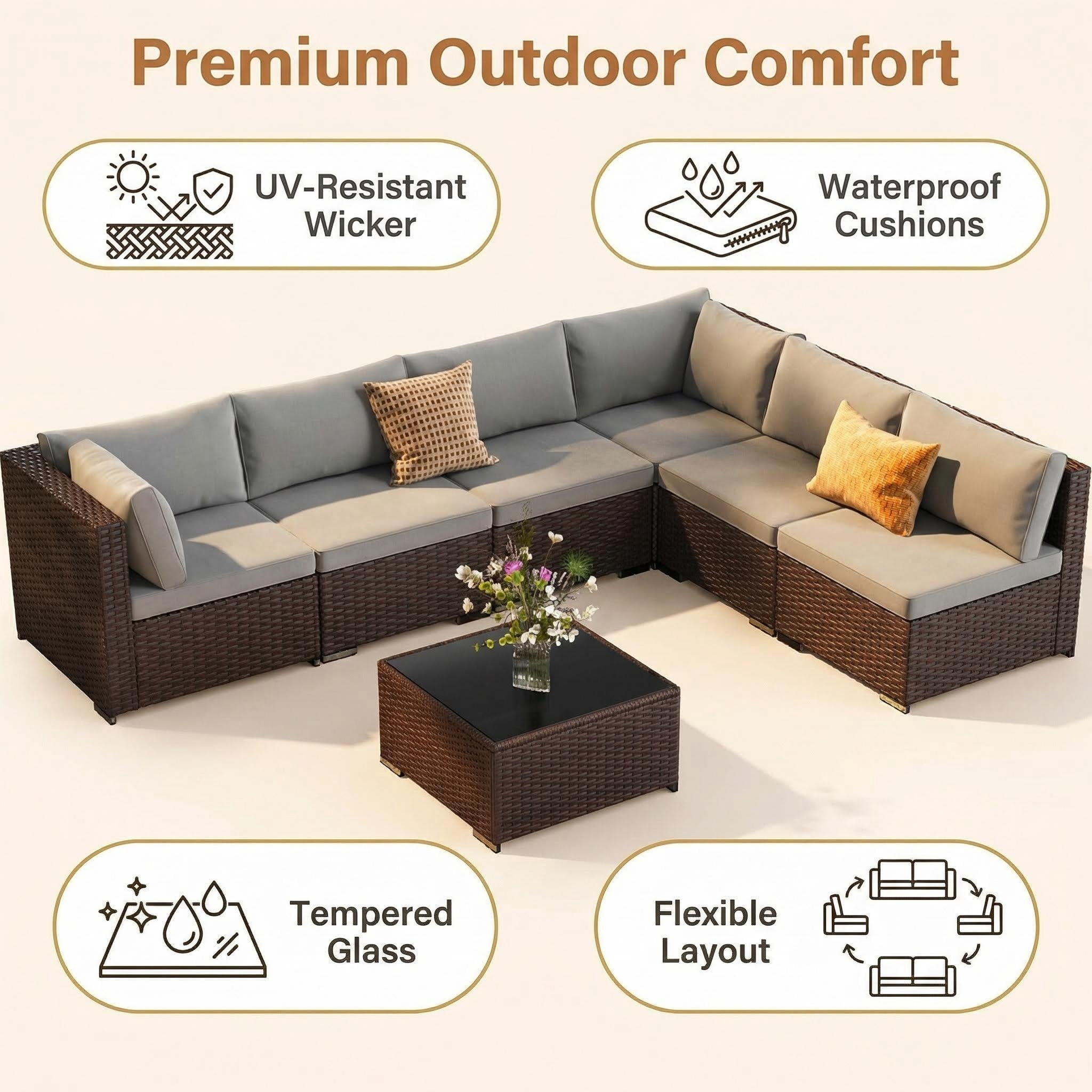 Lofka 7-Piece PE Rattan Patio Furniture Set, All-Weather Outdoor Sectional Sofa with Glass Coffee Table & Waterproof Gray Cushions, Modular Wicker Conversation Set for Backyard, Garden, Poolside