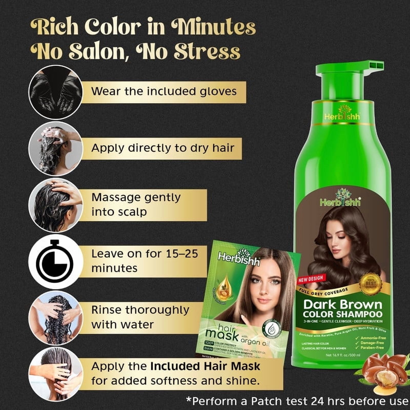 (5 pack) Herbishh Ultimate 3pcs Hair Color Shampoo Dye +1 Argan Hair Mask, Smooth and Long Lasting for Grey Hair Men & Women Easy & Quick to Use-Combo4 (Dark Brown)