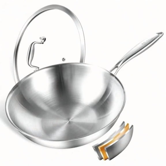 Tri-Ply Stainl Steel Woks 12 Inch Healthy Non-Toxic Cooking Wok Pan with Lid Wide Deep Cookware Stir-Fry Pans Dishwasher and Oven Safe Up To 600F Works on Induction