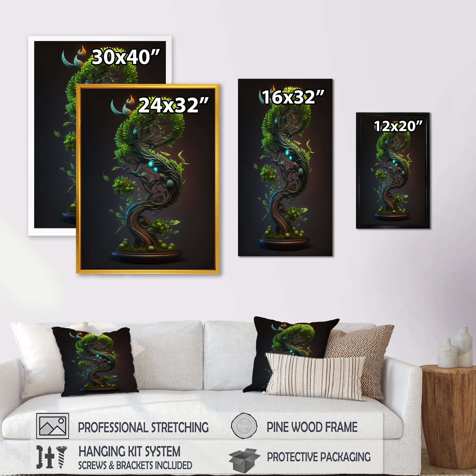 Designart Bonsai Swirl Tree Neon III Canvas Wall Art