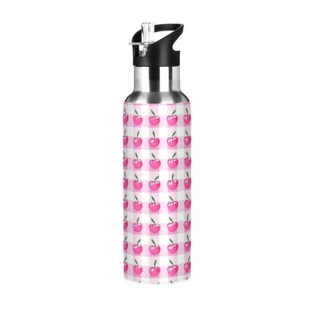 

Water Bottles 34oz Straw Lid Wide Mouth Stainless Steel for School Sport Travel Cherry with Gingham