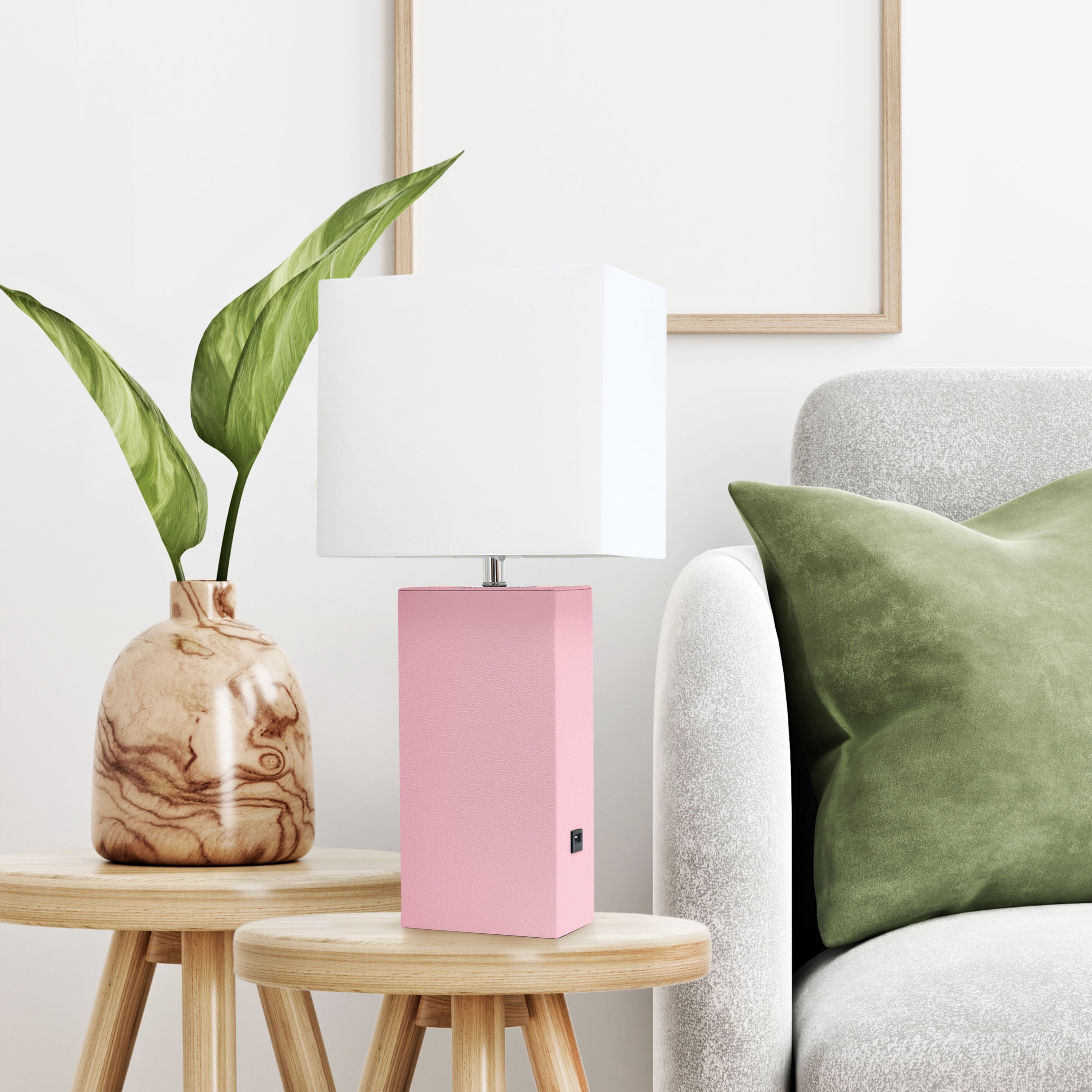 Lalia Home 21" Leather Modern Bedside Table Lamp with USB Port and LED Bulb, Pink