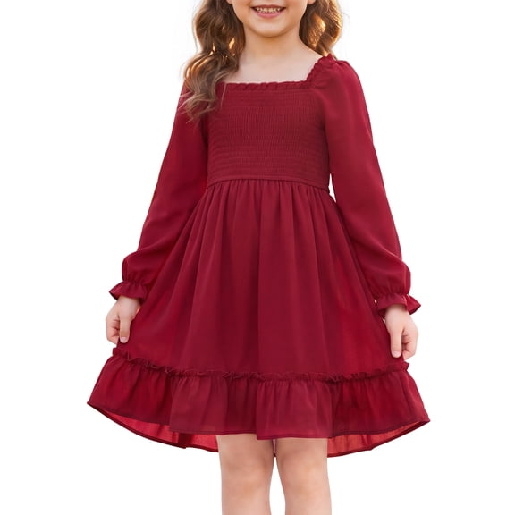 INSPIRE CHIC Girls' Halloween Long Sleeve Smocked Dress Square Neck High-Low Hem Fall Midi Dress for School & Parties 5-6 Years Burgundy