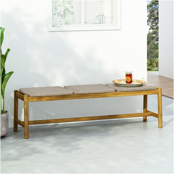 JERFIT 61.5" Acacia Wood Outdoor Bench with Woven Rattan, Teak Weather-Resistant Patio Garden Bench Seat for Porch, Deck, Poolside