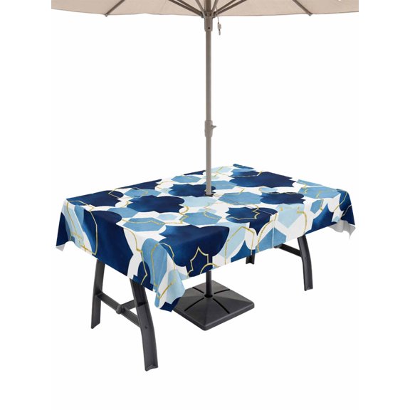 Outdoor Tablecloth with Umbrella Hole and Zipper, Navy Blue Geometric Moroccan Rectangle Table Cloth 60x84 Inch Waterproof Tablecloth, Abstract Art Blue Ombre Modern Picnic Table Cover for Patio