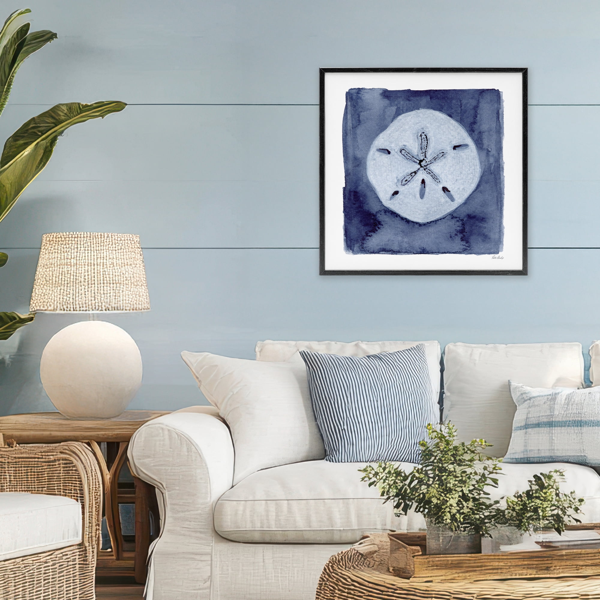Stupell Industries White Sand Dollar on Indigo Black Framed Giclee Art, design by Patti Bishop