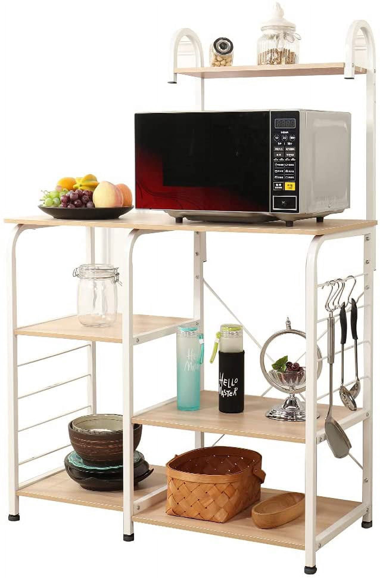 SogesPower Kitchen Stand 4-Tier Storage Shelf with Hooks Microwave Oven Stand Multifunction Workstation Shelf White Oak 35.4"L x 15.4"W x 55.1"H