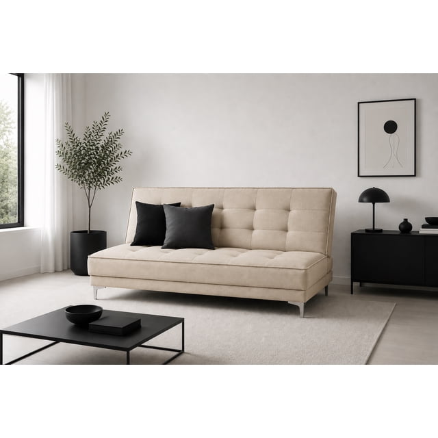 sofá cama el bazar store zeus beige 3 posiciones moderno abotonado sofá cama reclinable de tres posiciones, tapizado en lino beige con respaldo abotonado y patas metálicas; vista frontal 3/4 en sala minimalista con dos cojines oscuros. Medidas 90 cm alto x 190 cm largo x 100 cm profundidad; relleno de hule espuma de alta densidad, ideal para cuarto de estudio o visitas inesperadas.