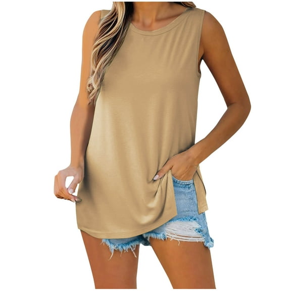 Fesfesfes Women's Outdoor Tank Tops Crew Neck Sleeveless Solid Color Basic Tee Casual Flowy Soft Stretchy Fabric Trendy Pullover T-Shirt(Khaki,S)