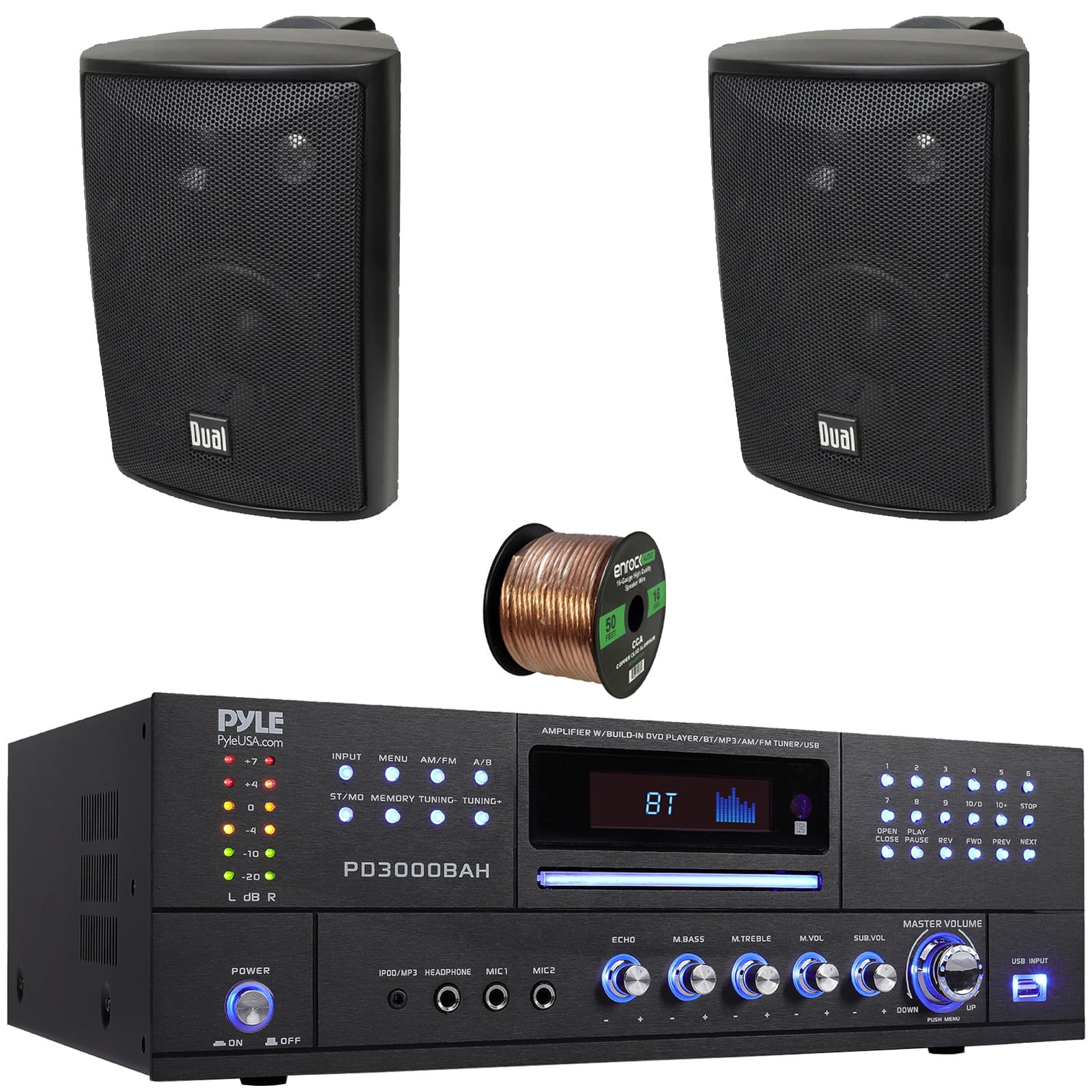 Pyle PD3000BAH 4-Channel 4000W Bluetooth Home Audio Amplifier Receiver – HDMI, USB, FM Radio, CD/DVD Player 2 Microphone, 2x 4" 200 Watts Max Power 3-Way Indoor/Outdoor Black Speakers W/50 Feet Wire