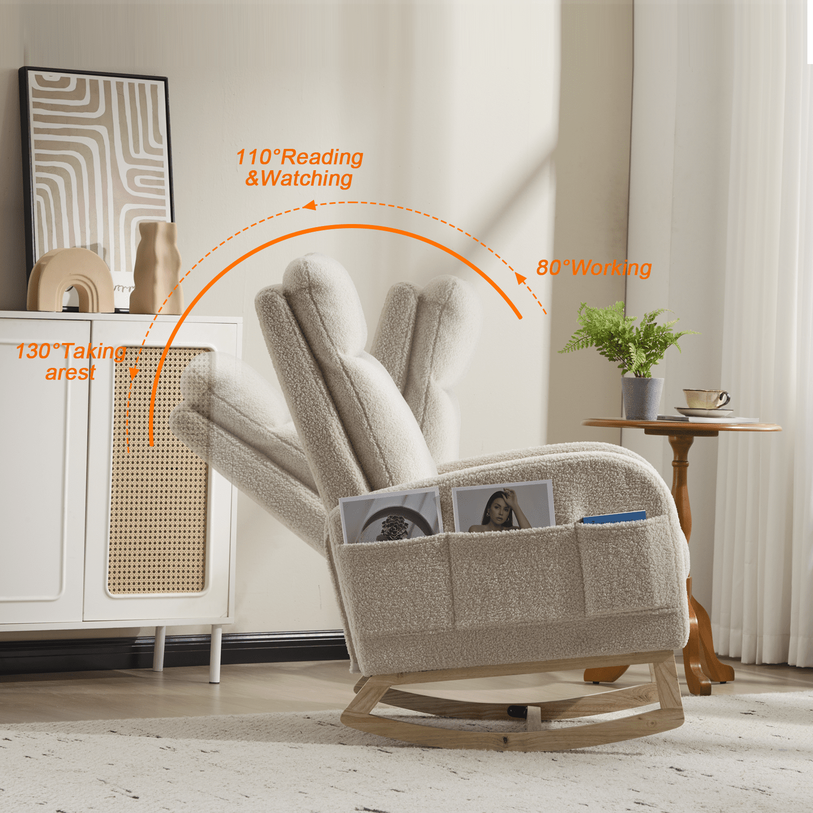 FFZ Modern Accent Rocking Chair Solid Wood Legs Upholstered Nursery Glider Footrest Beige Teddy
