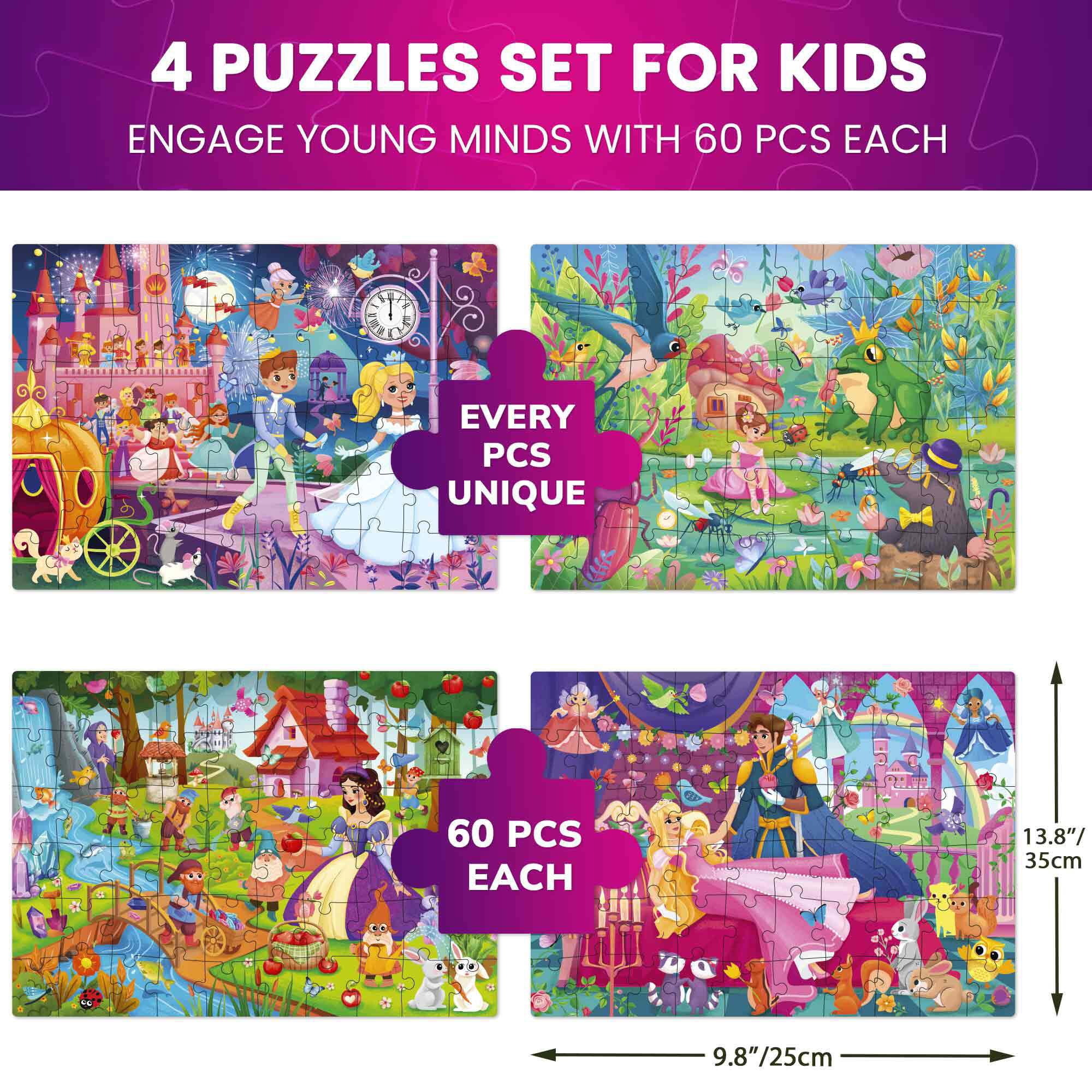 QUOKKA Puzzles for Kids Ages 4-6 – 4-Pack 60-Piece Puzzles for Kids – Fairy Tale Jigsaw Puzzle Set