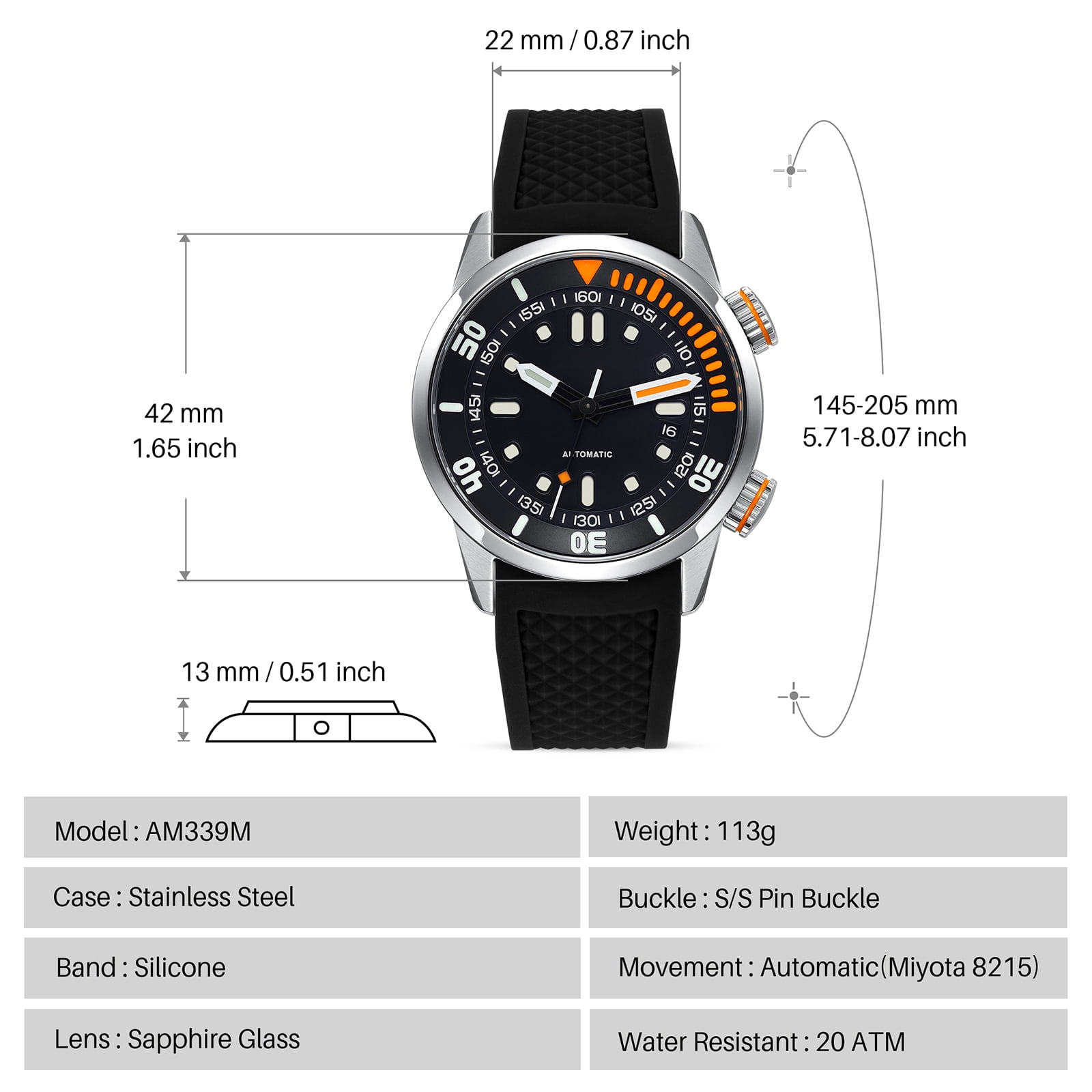 BERNY Automatic Dive Watches for Men, Sport 20ATM Waterproof Analog Mechanical Watch with Date, Super Luminous, Silicone Strap, Stainless Steel, Sapphire Crystal, Men's Pro Diver Watch (Black)