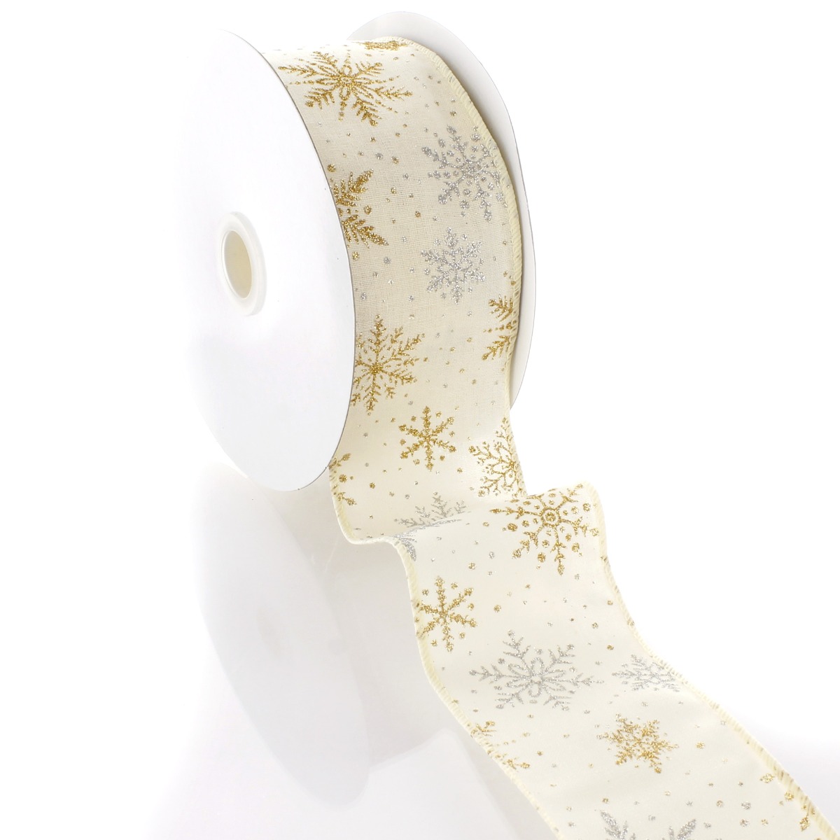 Ribbon Traditions 2 1/2" Wired Ribbon Gold / Silver Glitter Snowflakes Cream - 25 Yards