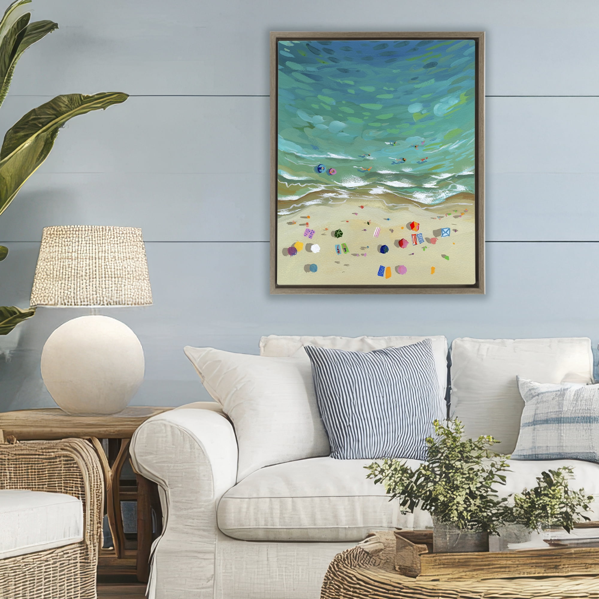 Stupell Industries Aerial Beachside with Umbrellas Brown Framed Floater Canvas Wall Art, design by Brook Page