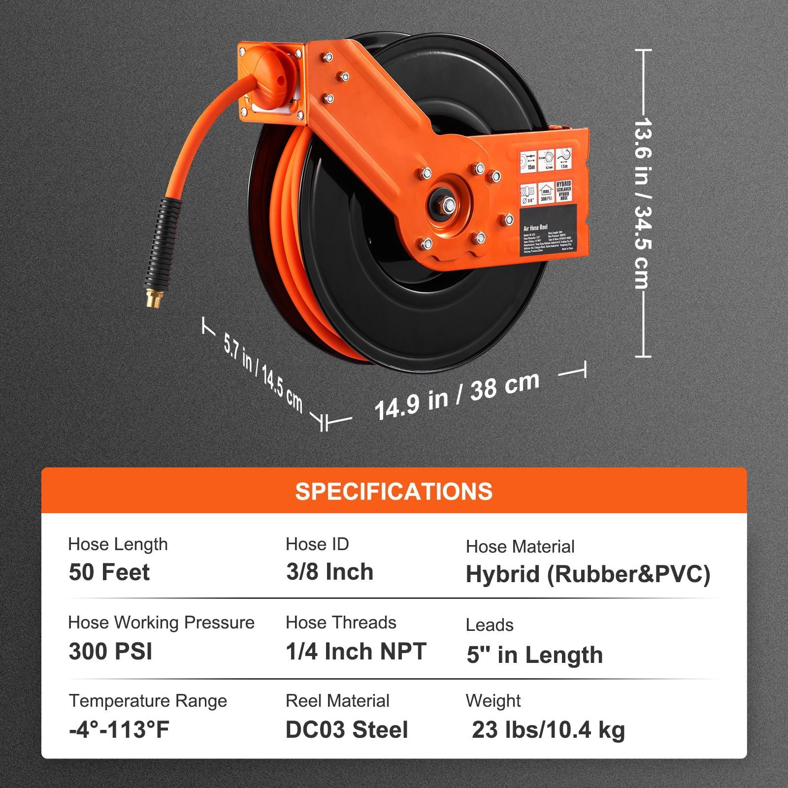 Retractable Air Hose Reel, 3/8 IN x 50 FT Hybrid Air Hose Max 300PSI, Air Compressor Hose Reel with 5 In Lead in, Ceiling / Wall Mount Heavy Duty Double Arm Steel Reel
