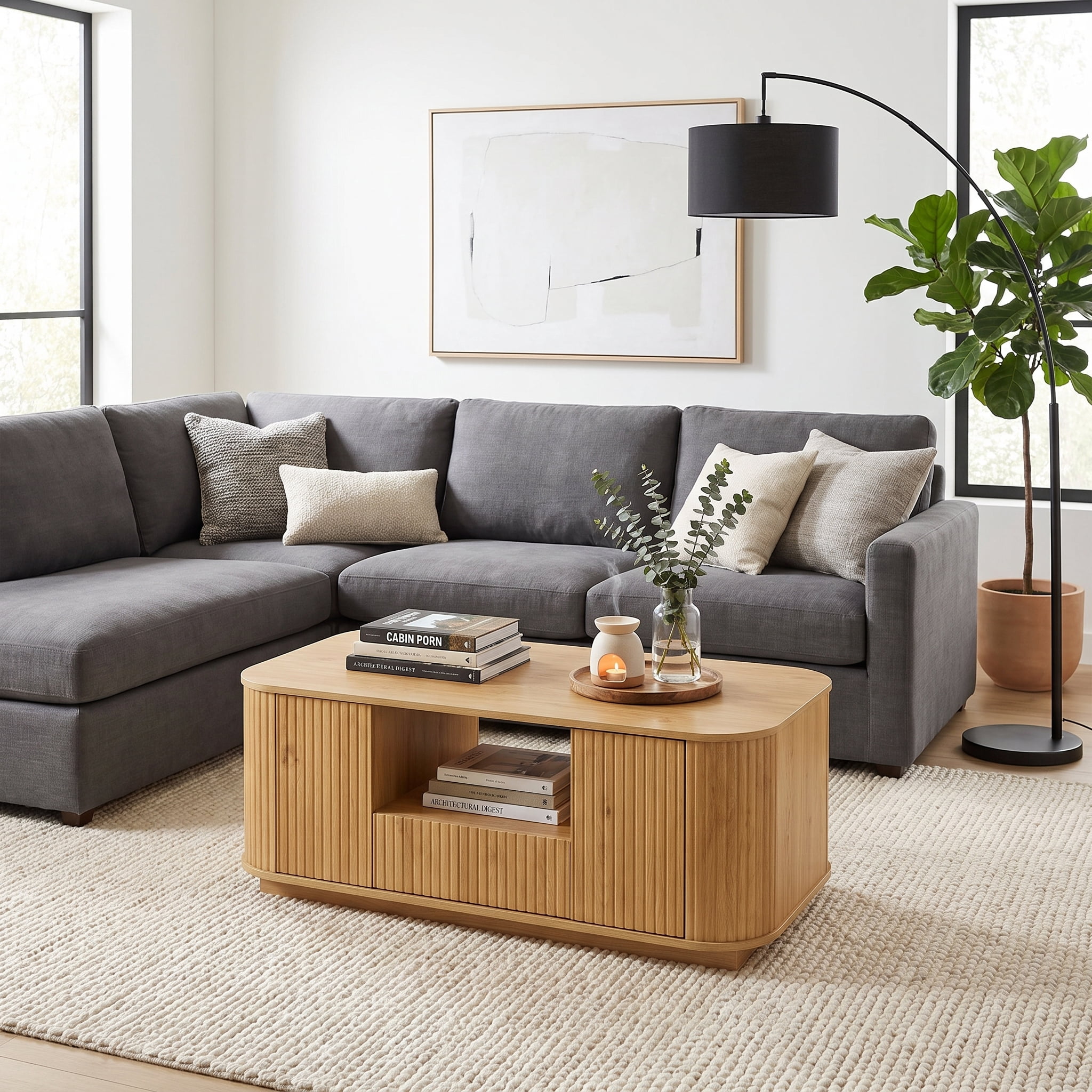 Homy Casa 46.5 in Modern Ripple Coffee Table with Doors Drawer and Open Shelf for Living Room Natural Oak