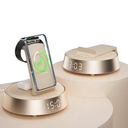 ANTBOOK Wireless Charging Station with Bluetooth Speaker & Alarm Clock, LED Night Light for Bedroom Beige