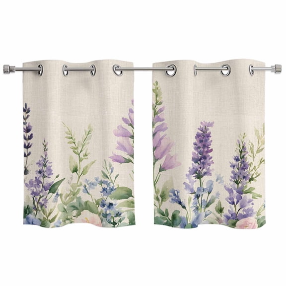 Purple Lavender Kitchen Curtains Small Short 39 Inch Length, Botanical Blossom Motif Leaves Spring Grommet Top Bedroom Living Room Curtains, Light Filtering Cafe Curtain Drapes 2 Panels Set 55''x39''