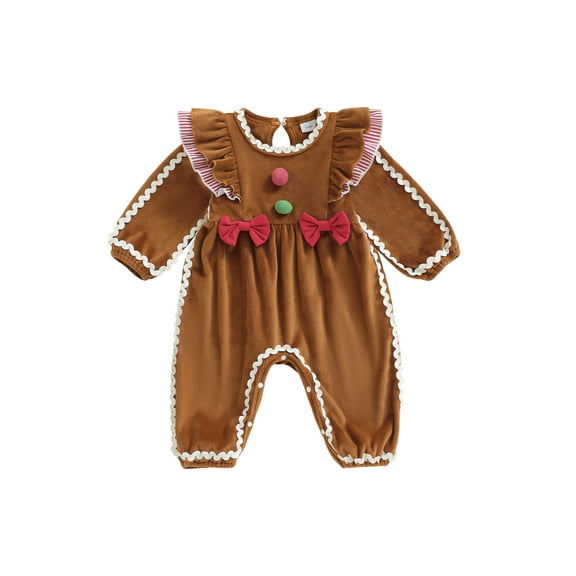 Rovasas Christmas Infant Baby Girl Romper Gingerbread Man Crew Neck Ruffle Long Sleeve Contrast Color Fall Jumpsuit