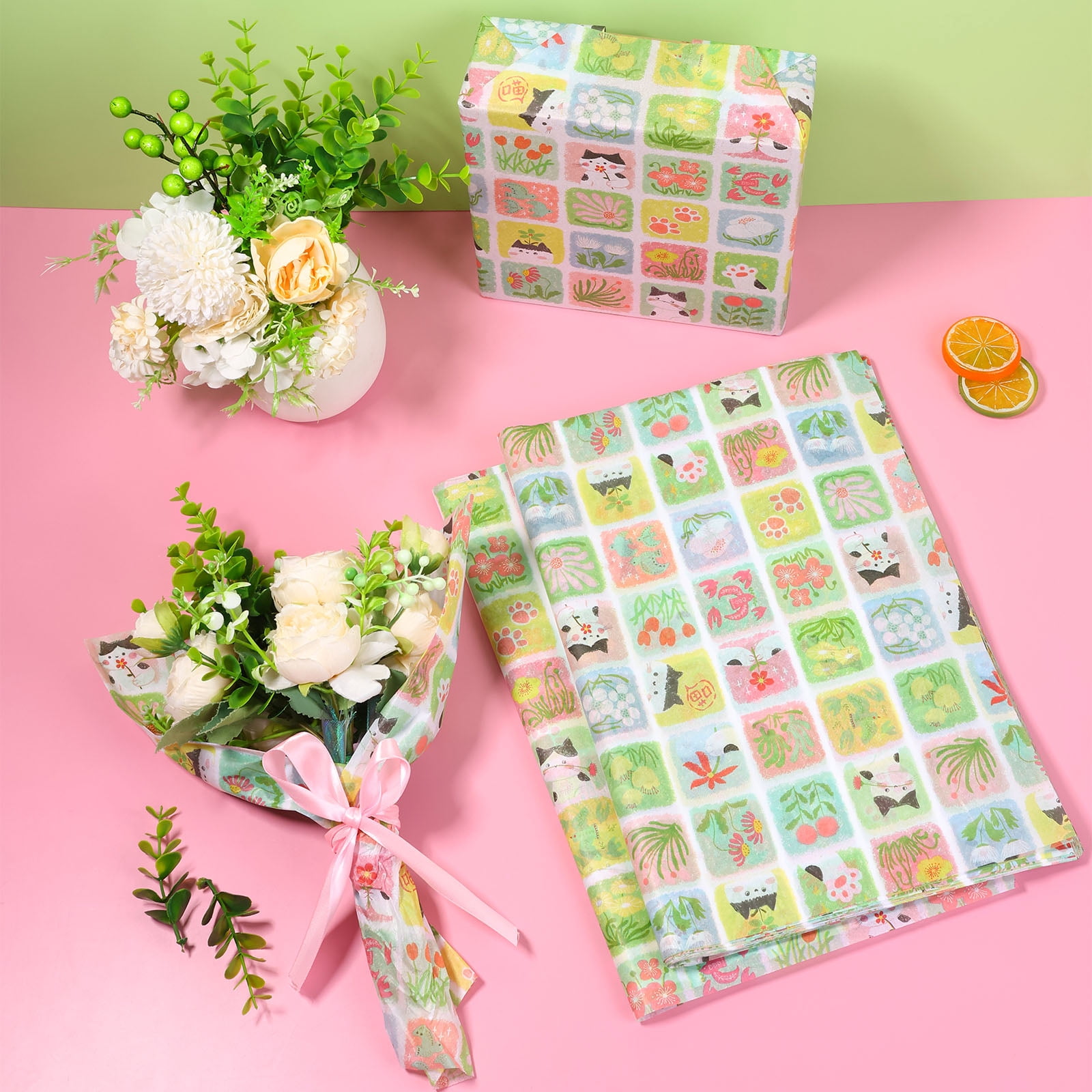 Atopoler 200 Sheet Cartoon Tissue Paper,Cute Animal Floral Preasent Wrap Tissue Paper for Wrapping Crafting Packing,20 x 14 inches,Green Color