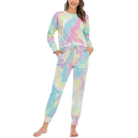 

UKAP Ladies Autumn Comfy Nightwear Womens Casual Baggy Tops Long Sleeve Crew Neck T Shirt And Cotton Pants Trousers Pockets Homewear Girls Jogger Lounge Tie Dye Pajamas Set