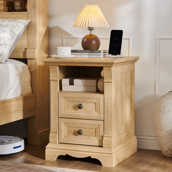 KeyWhat Farmhouse 2-Drawer Nightstand with Charging Station, 18" Wooden End Table for Bedroom, Living Room, Natural Oak