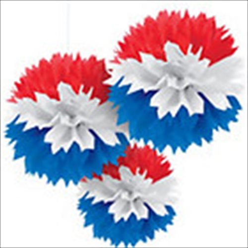 Red White and Blue Large Fluffy Pom Pom Hanging Decorations (3ct