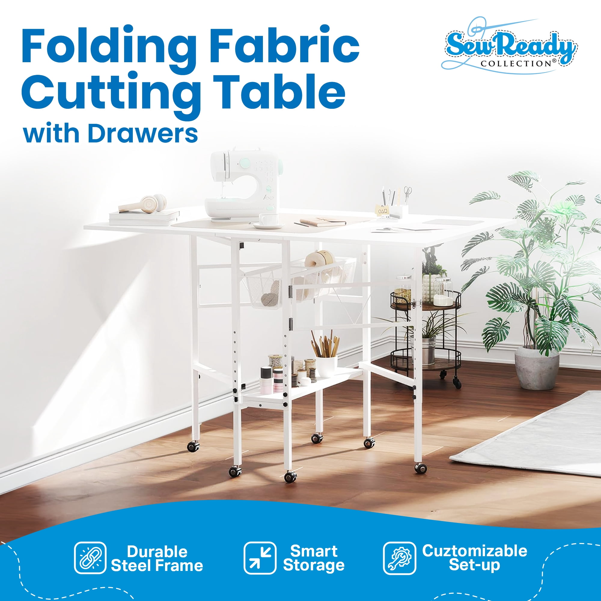 Sew Ready Folding Sewing Craft Table with Storage Drawers and Wheels, White/White