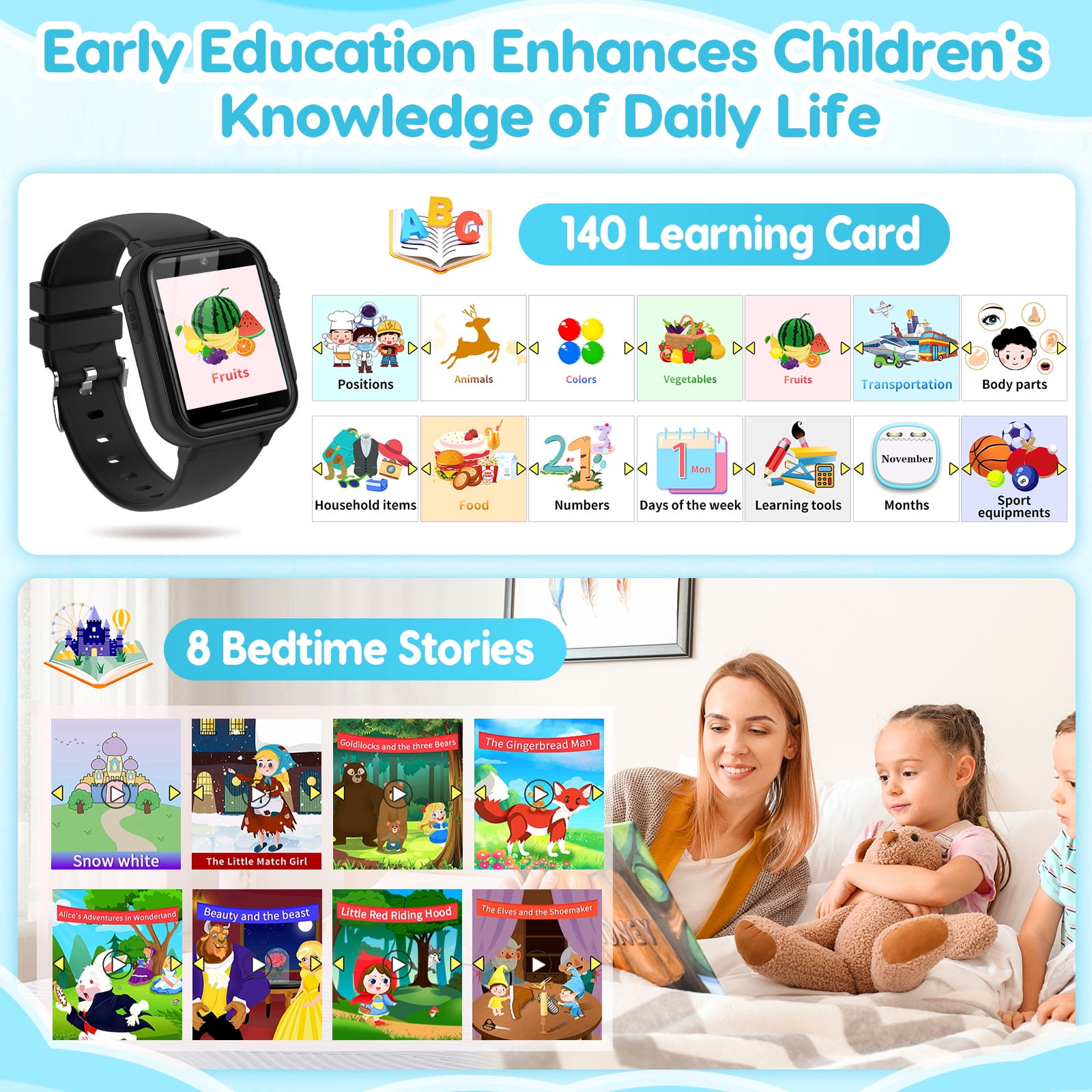 Eurhowing Kids Smart Watch Age 3-12, 31 Games, Learning Cards, HD Touch Screen, Camera, Music, Audiobook, Pedometer, Fun & Educational Birthday Gift Idea, Black