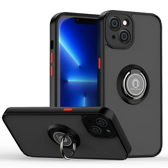 SaniMore for iPhone 14 Plus 6.7" Multi-Functional Magnetic Case, Translucent Matte Back Case with Car Mount & 360° Rotatable Ring Kickstand Shockproof Protective Cover, Black & Red