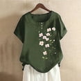 thumbnail image 2 of Dazajoo Womens Floral Linen Shirt Casual Short Sleeve Summer Tops Crew Neck Lightweight Cotton Blouses,Army Green,L, 2 of 5